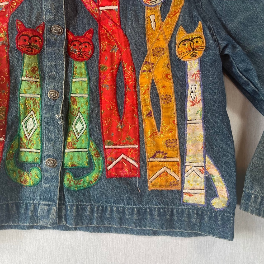 Tantrums Vintage Denim Jacket Women L Cat Patchwork Embroidered Art to Wear - Picture 11 of 16
